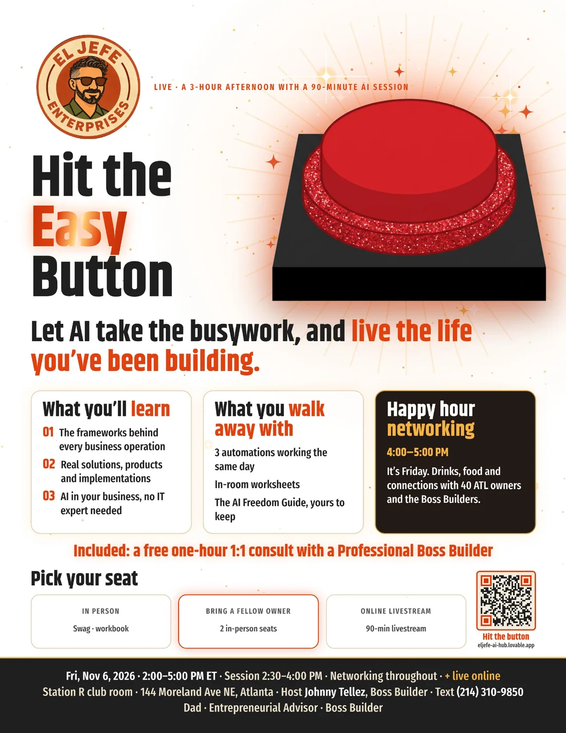 Hit the Easy Button: Nov 6 AI workshop flyer, El Jefe Enterprises
