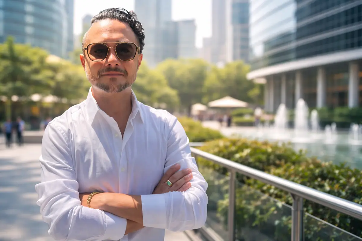 Johnny Tellez, founder of El Jefe Enterprises, arms crossed outdoors in a city plaza